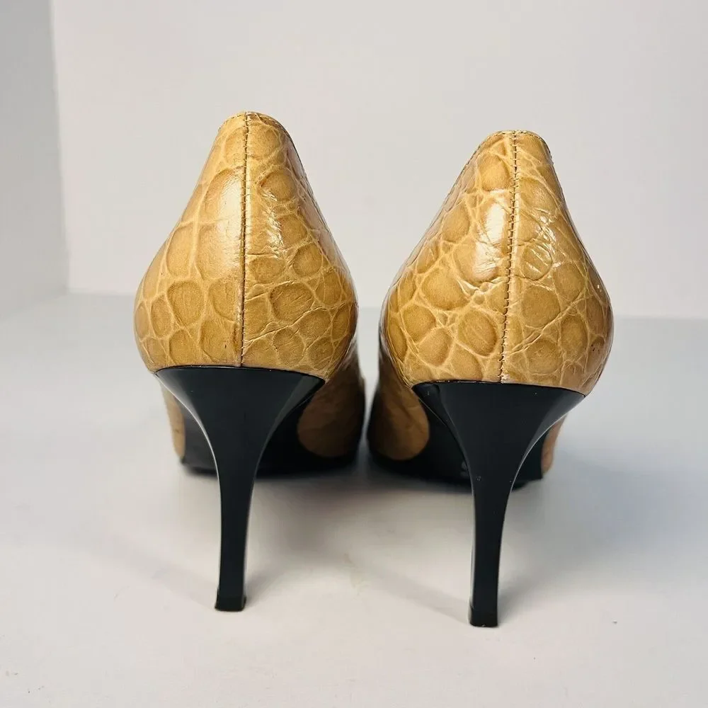 GIANNI BINI Tan Camel Yellow Crocodile Croc Alligator Leather Kitten Heels 6.5 M